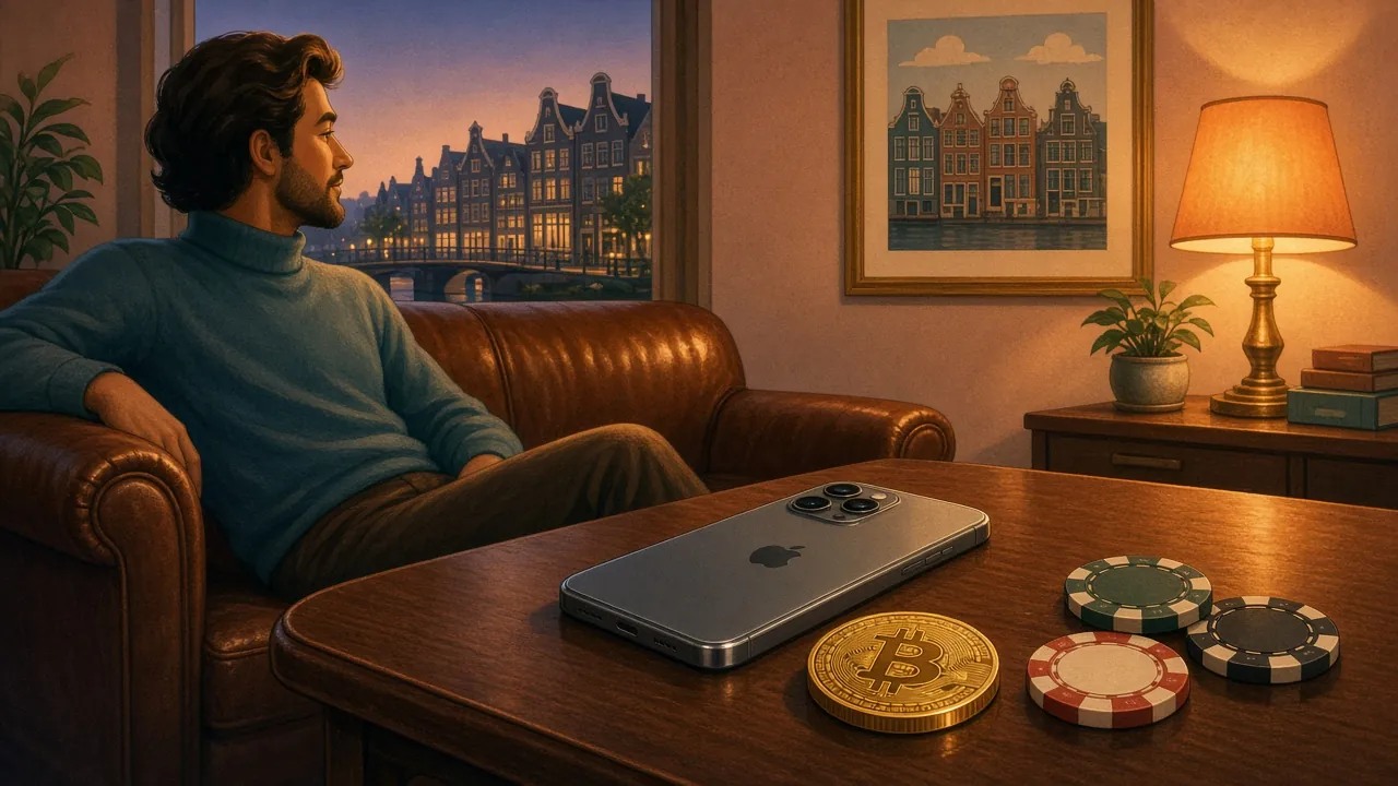 Sfeervol Nederlands interieur met smartphone, Bitcoin-munt en casinofiches op tafel.