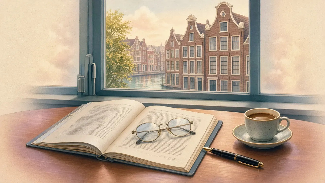 Documentenmap op een bureau met leesbril, pen en koffie in een kantoor aan een Amsterdamse gracht.