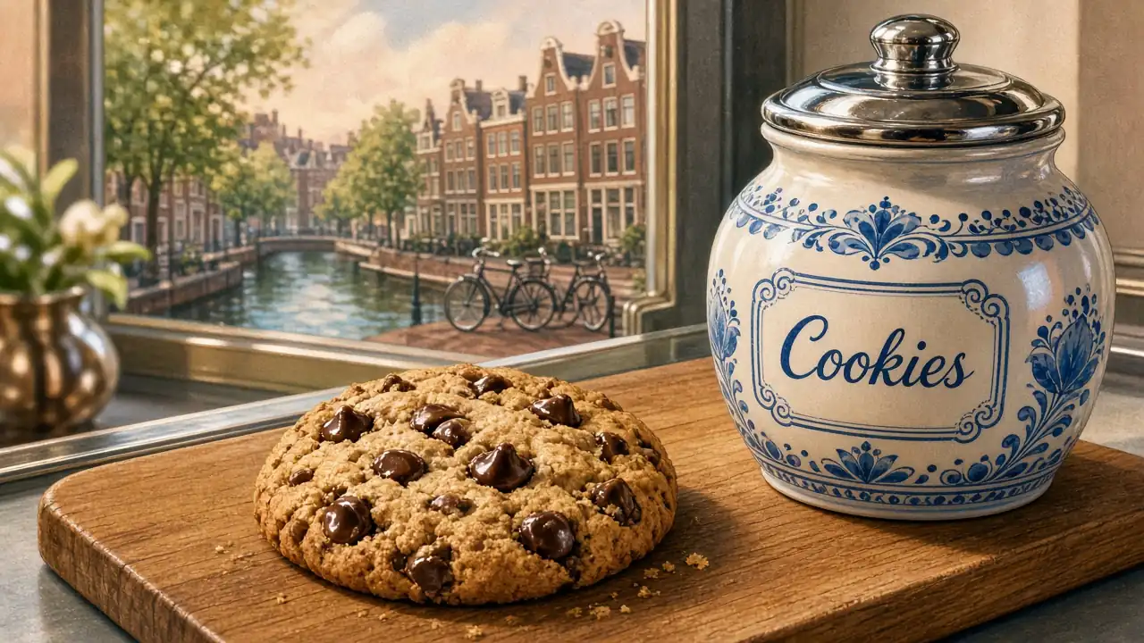 Versgebakken chocolate chip cookie naast een keramische pot op een keukenblad met grachtenpanden op de achtergrond.