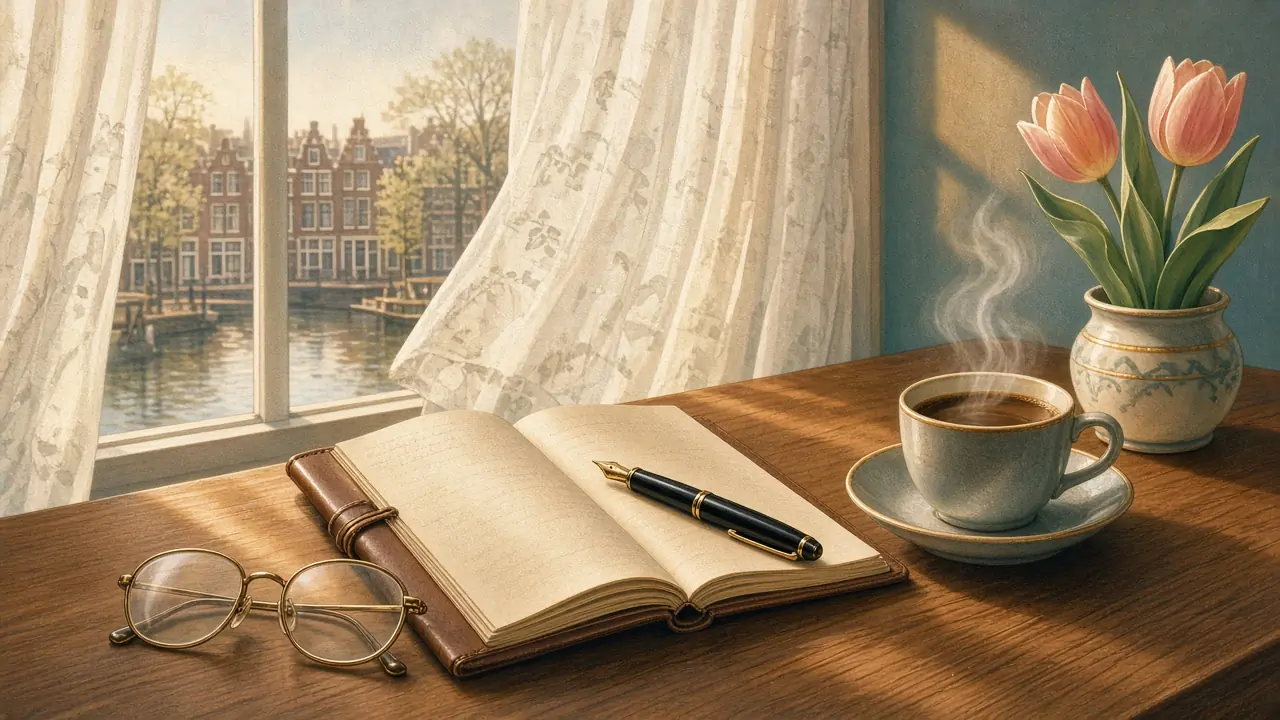 Notitieboek, pen en koffie op een houten tafel bij een raam
