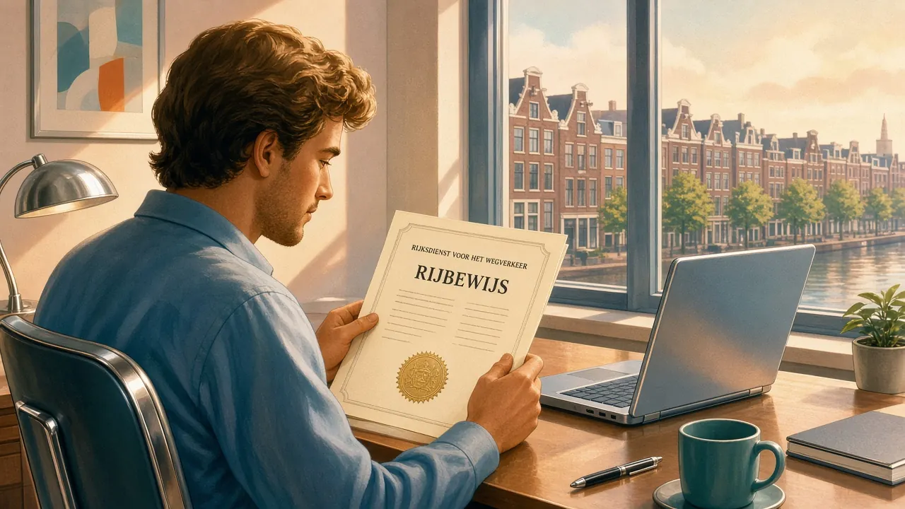 Persoon controleert een vergunningsdocument aan een bureau in Nederland