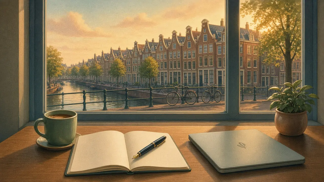 Rustig Nederlands thuiskantoor met notitieboek, koffiemok en raam uitzicht op grachtenpanden.