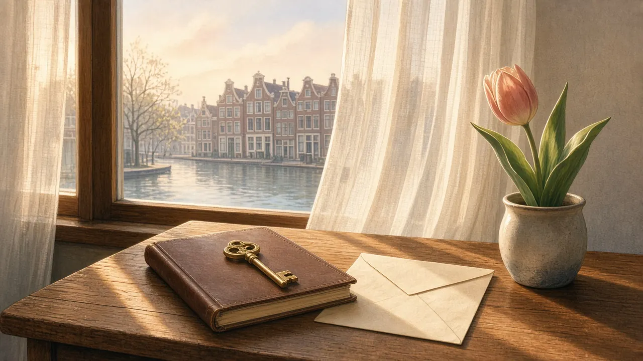Houten bureau bij raam met gesloten notitieboek en sleutel in ochtendlicht