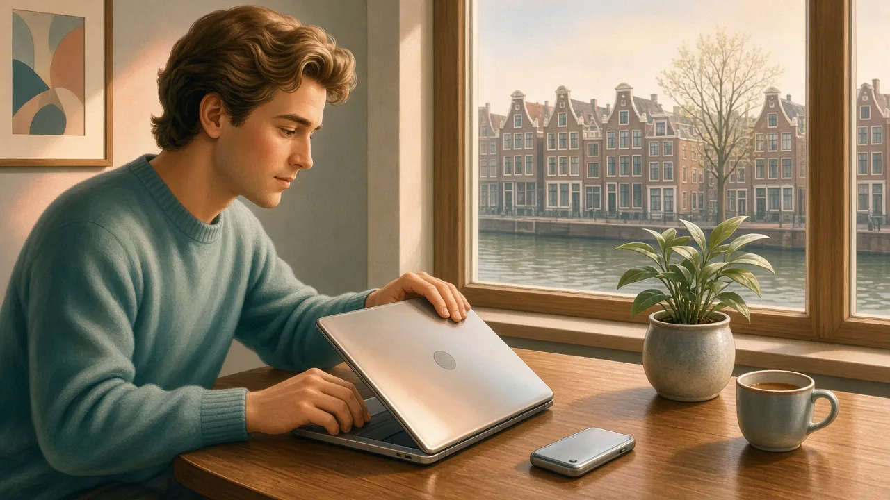 Man in Amsterdamse woning sluit bewust zijn laptop aan tafel